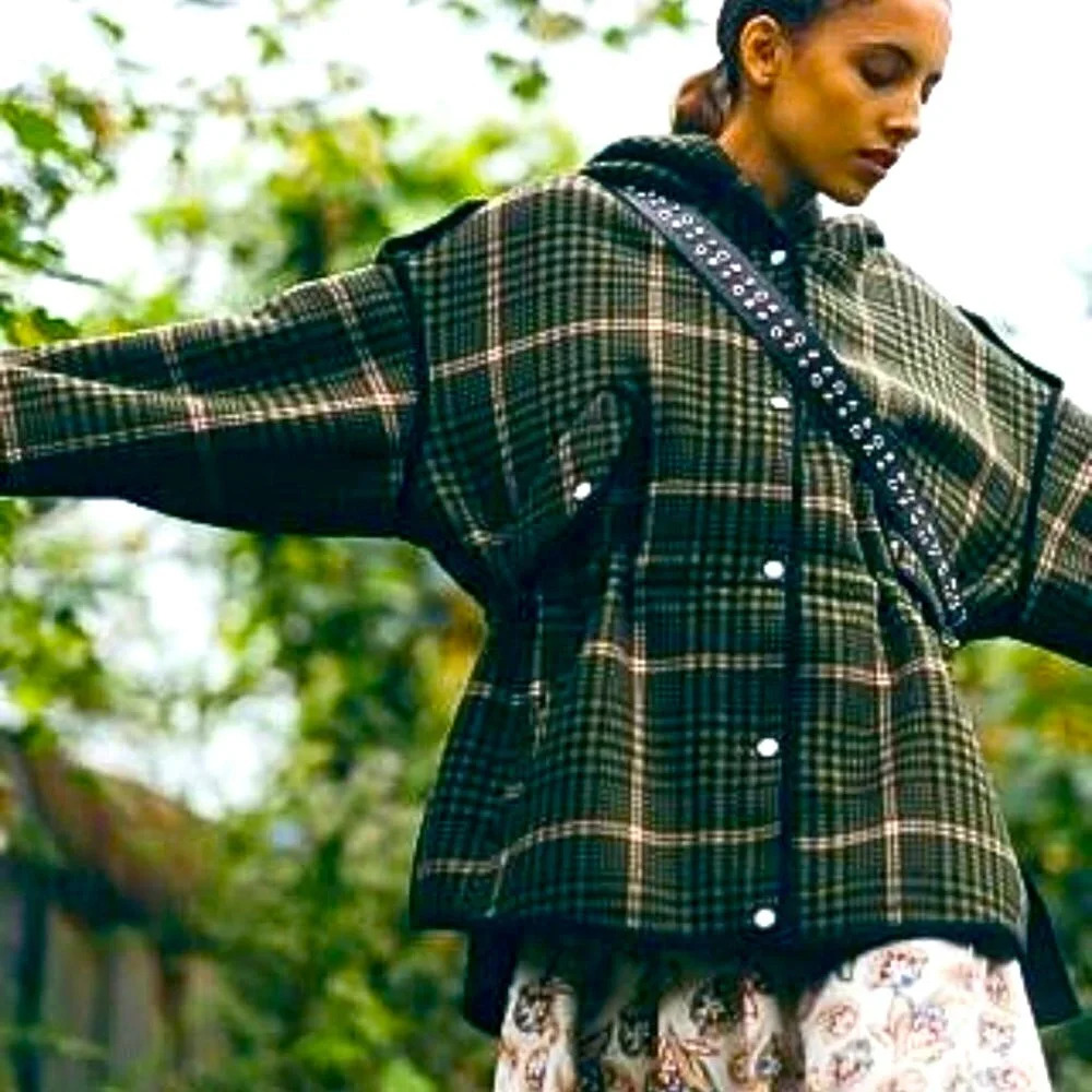 MAJE Gangzam Plaid Hooded Oversized Coat Wool Blend Jacket